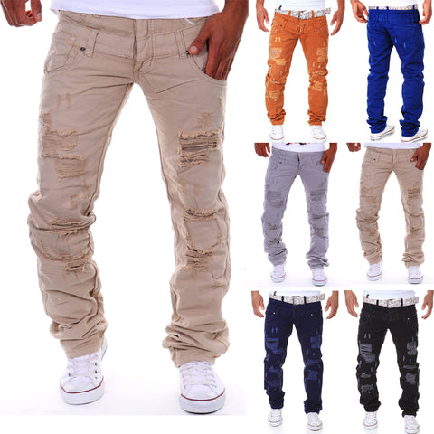 Spring and summer new men's double waist hole broken leisure trousers