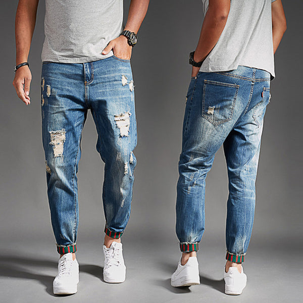 2018 New Men's Fashion Summer Thin Section Holes Jeans Stretch Korean Trend Slim Jeans Men's Casual Harlan Pants CL4656.