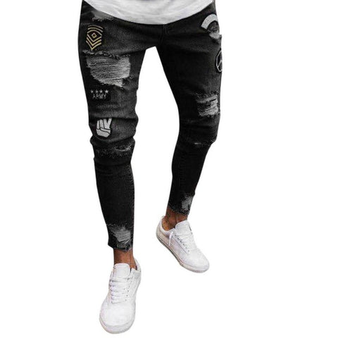 Fashion Men Slim Biker Zipper Denim Jeans Skinny Frayed Pants Distressed Rip Trousers hip hop summer tops for men 2018