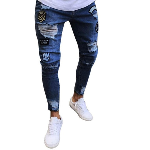Fashion Men Slim Biker Zipper Denim Jeans Skinny Frayed Pants Distressed Rip Trousers hip hop summer tops for men 2018