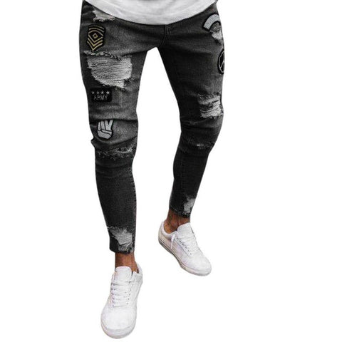 Fashion Men Slim Biker Zipper Denim Jeans Skinny Frayed Pants Distressed Rip Trousers hip hop summer tops for men 2018