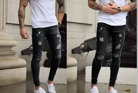 slim fit with Pleated Washed streetwear jeans 2018 skinny blue Jeans Trousers for Man New Men Ripped holes Denim jeans pants men