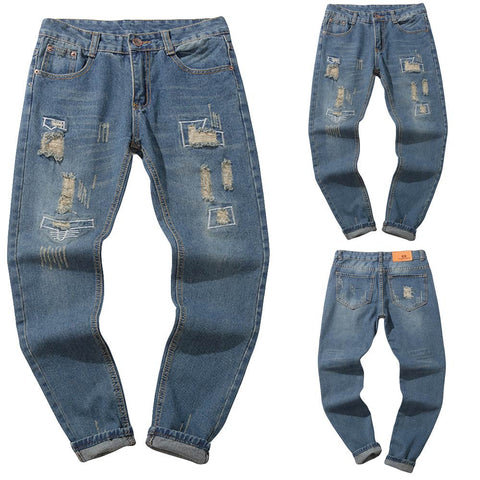 Men's Casual Autumn Denim Cotton Vintage Wash Hip Hop Work Trousers Jeans Pants