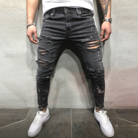 Men's Printed Denim Cotton Vintage Wash Hip Hop Work Trousers Jeans Pants