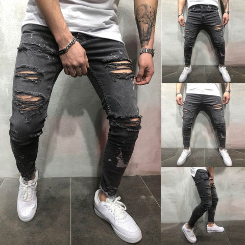 Men's Printed Denim Cotton Vintage Wash Hip Hop Work Trousers Jeans Pants