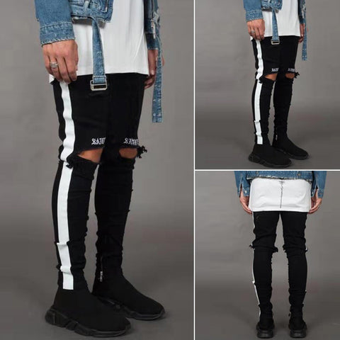 Men's Denim Embroidery Cotton Straight Hole Pocket Trouser Distressed Jeans Pant